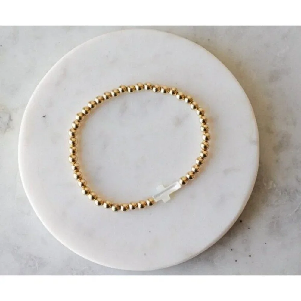 Matching Bracelet set Pearl Cross Non-Tarnish Gold Beaded Mommy & Me Matching